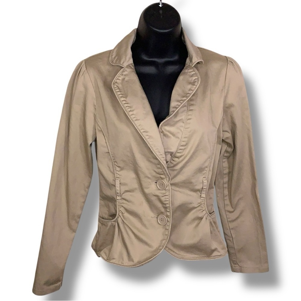 Juniors Large Ambiance Khaki Beige Blazer No Belt Button Up Long Puff Sleeve